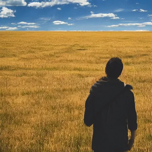 Prompt: man in an open field pointing to the sky, long distance