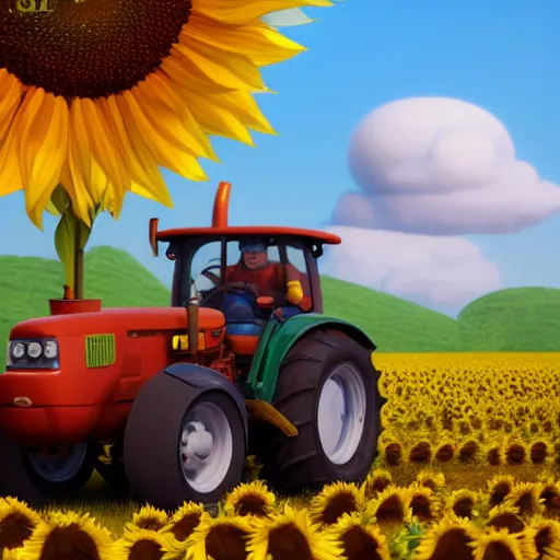 Image similar to a cute tractor in a sunflower field towing a russian tank by goro fujita, 3 d octane render, 8 k, trending on artstation, hyper detailed, cinematic