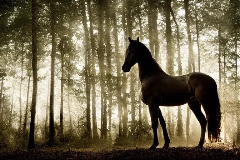 Image similar to beautiful horse in the forest evening natural light, fireflies, 85mm by Emmanuel Lubezki