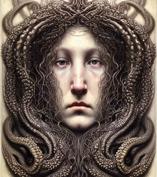 Image similar to detailed realistic beautiful kraken goddess face portrait by jean delville, gustave dore, iris van herpen and marco mazzoni, art forms of nature by ernst haeckel, art nouveau, symbolist, visionary, gothic, neo - gothic, pre - raphaelite, fractal lace, intricate alien botanicals, ai biodiversity, surreality, hyperdetailed ultrasharp octane render