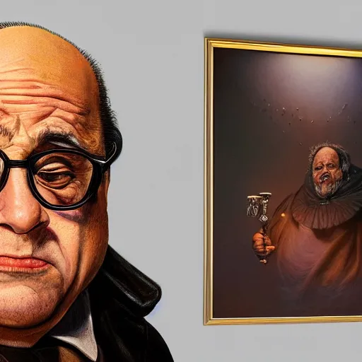 Image similar to hyperrealistic mixed media high resolution painting of Danny DeVito portraying The Baron from the film Dune, stunning 3d render inspired art by István Sándorfi and Greg Rutkowski and Unreal Engine, perfect symmetry, dim volumetric lighting, 8k octane beautifully detailed render, post-processing, extremely hyper-detailed, intricate, epic composition, highly detailed attributes, highly detailed atmosphere, cinematic lighting, masterpiece, trending on artstation, very very detailed, masterpiece, stunning, flawless structure, lifelike texture, perfection,