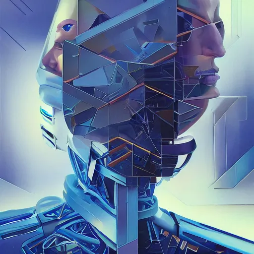 Prompt: scifi futurism automaton minimalism chrome by peter mohrbacher art Hajime Sorayama airbrush hyperrealism model abstract shatter fragments cubism futurism pastel blue soft flat minimal mark zuckerberg