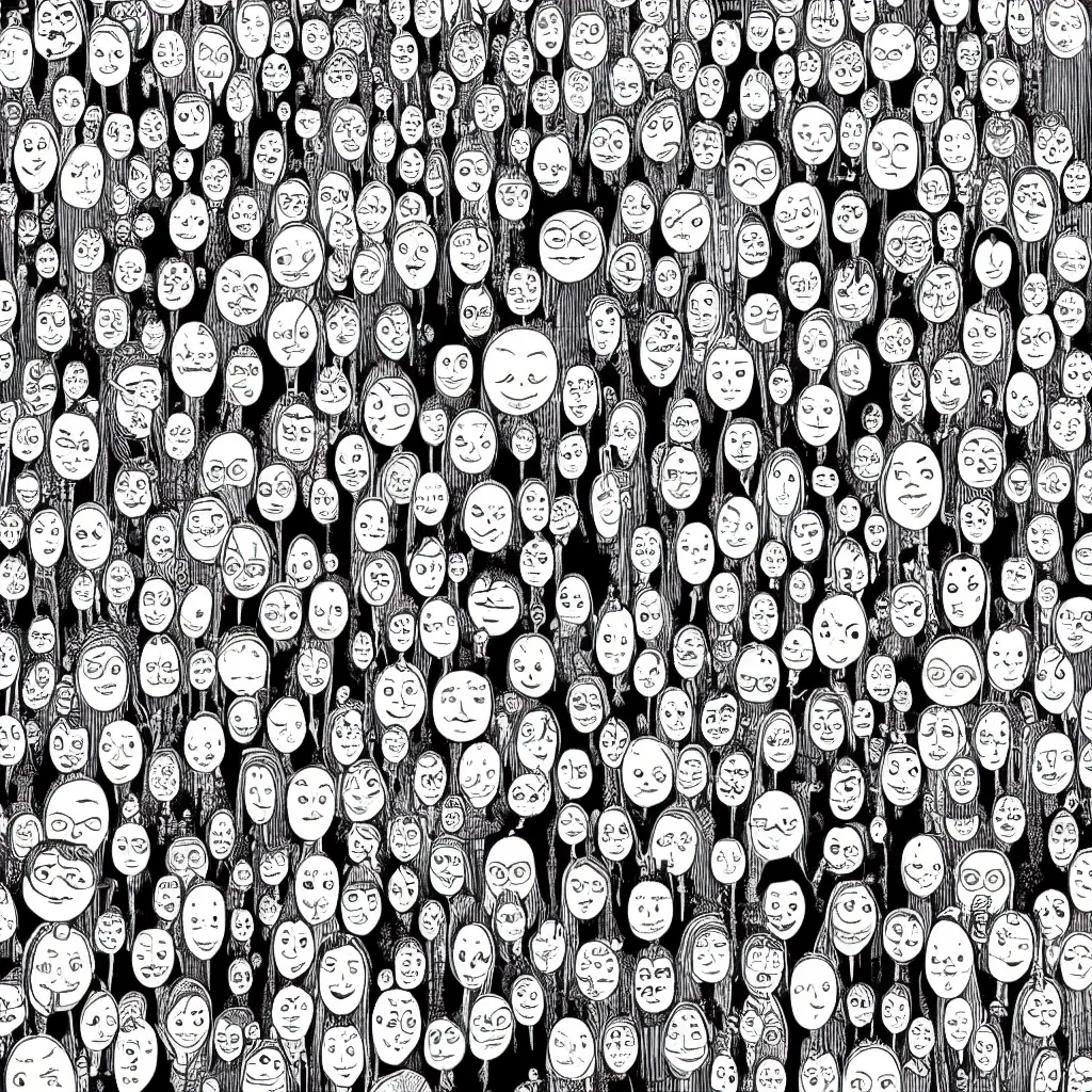 Image similar to 1000's cartoon faces made of cartoon faces, by Mattias Adolfsson!!!!, greeble!!, extremely detailed ink painting