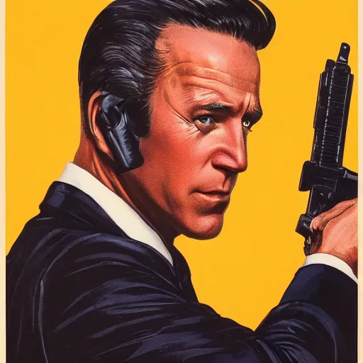 Image similar to propaganda poster of joe biden pointing gun directly at camera in james bond movie, closeup of gun, visible barrel and grip by j. c. leyendecker, bosch, lisa frank, jon mcnaughton, and beksinski