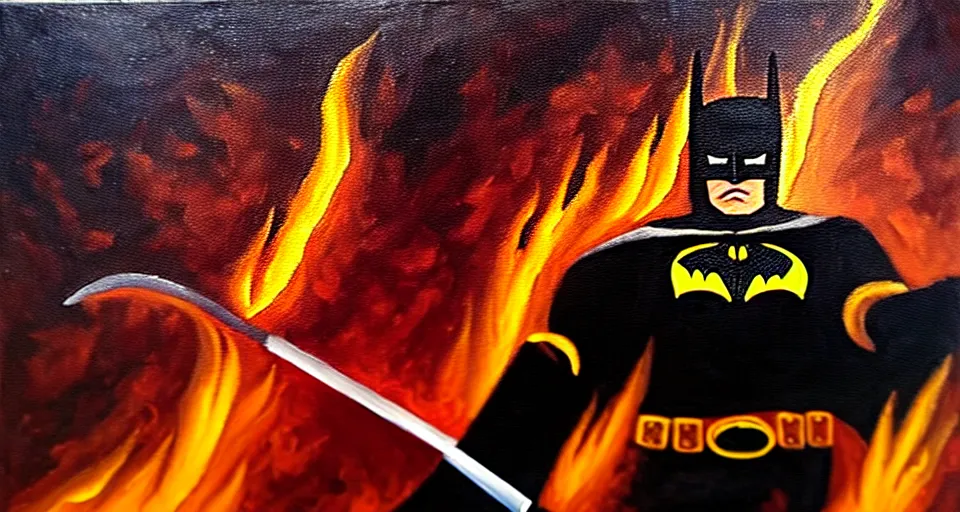 Image similar to An oil painting of a dark knight wielding a flaming sword