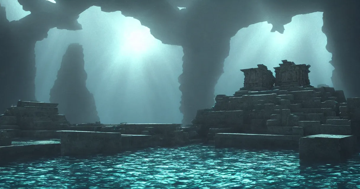 Image similar to wide shot, submerged pre - incan temple, carvings, dark, grenada underwater sculpture park, bubbles, abyss, stylized, anime style mixed with fujifilm, detailed gouache paintings, crepuscular rays, dark, murky, foggy, atmospheric, artstation, cgsociety, octane render, cgi, unreal engine 5, denoise, cinematic masterpiece