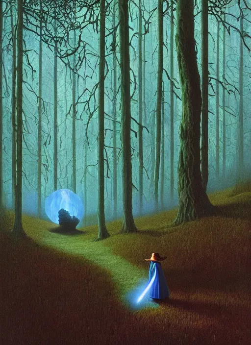 Image similar to hyper realistic witch modem with mood lighting and tech in the woods gorgeous lighting, blue sky, highly detailed, lush forest foliage painting by zdzisław beksinski and norman rockwell and greg rutkowskiweta studio, and lucasfilm