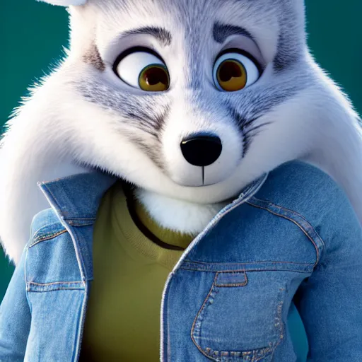 Image similar to upper half portrait of a anthropomorphic female snowfox with short fur covering her body, wearing a denim jacket in the style of zootopia, far shot,