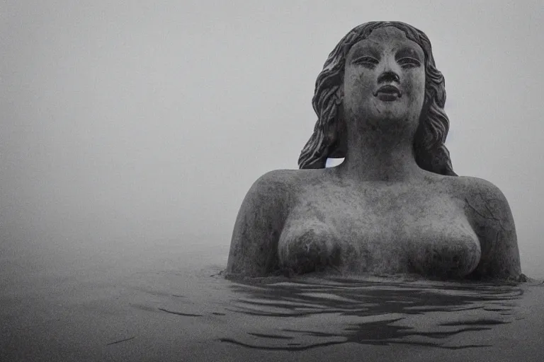 Prompt: a giant statue face of a goddess emerging from the lake, mist, lomography photo effect, monochrome, noise grain film