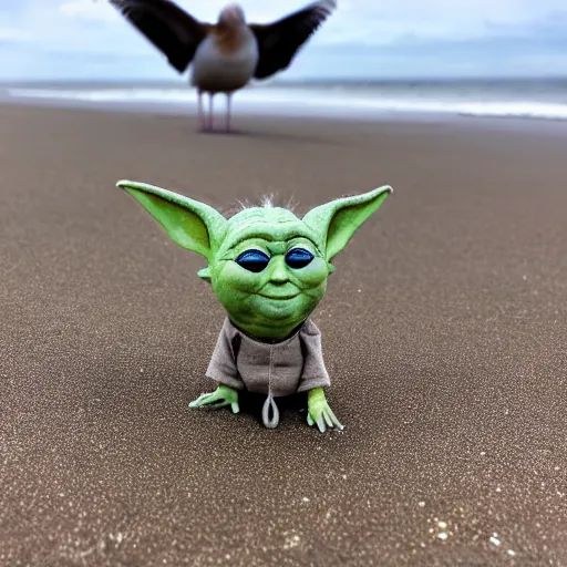 Image similar to sad real life Yoda on a beach, seagulls pecking Yoda’s head