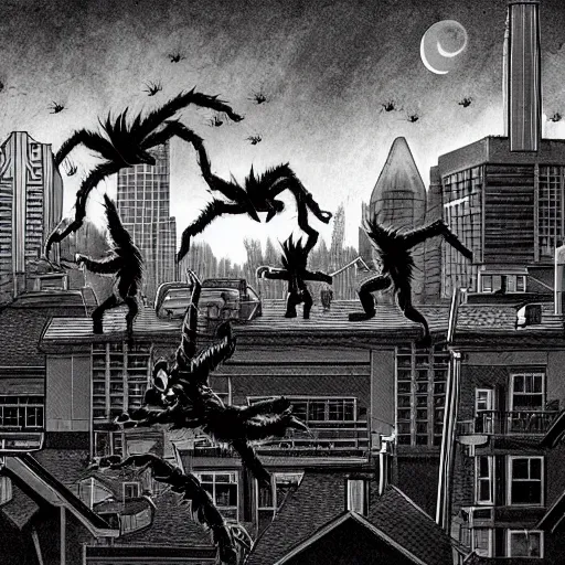 Image similar to A pack of Garou werewolves chase a giant spider across the rooftops of Burnaby. by Ron Spencer.