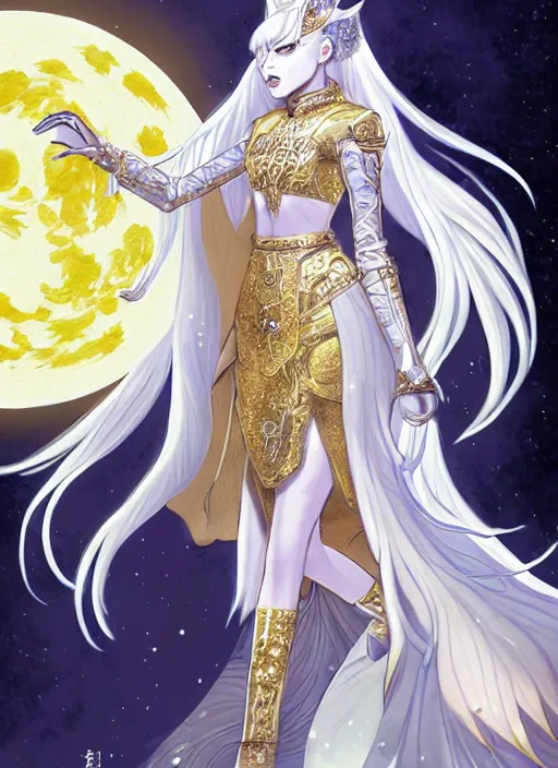 Image similar to commissioned full body portrait of a female anthro werewolf princess fursona with white hair wearing a white and gold Chinese armored dress in a white and gold palace on a starry night with a large crescent moon, by a professional manga illustrator, Stanley Artgerm Lau, WLOP, Rossdraws, James Jean, Andrei Riabovitchev, Marc Simonetti, and Sakimichan, trending on artstation