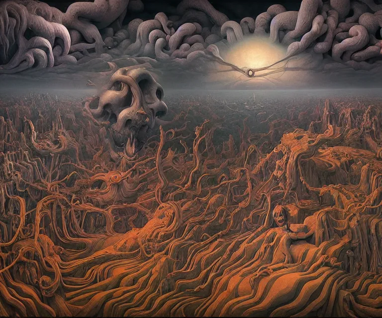 Image similar to hyper detailed 3d render like a Oil painting - god of death hades floating over his hellish landscape, by Jacek Yerka, Mariusz Lewandowski, Houdini algorithmic generative render, Abstract brush strokes, Masterpiece, Edward Hopper and James Gilleard, Zdzislaw Beksinski, Mark Ryden, Wolfgang Lettl, hints of Yayoi Kasuma, octane render, 8k