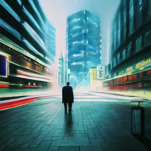 Image similar to a surreal pastel painting with a tilt - shift effect of a man walking through a science fiction - based city, dramatic lighting, depth of field, dreamy