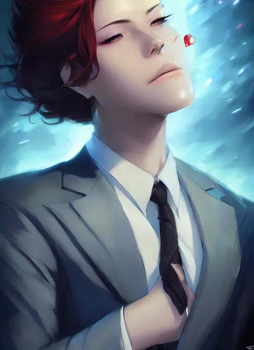 Prompt: beautiful portrait of sexy Godzilla in a suit. character design by charlie bowater, ross tran, artgerm, and makoto shinkai, detailed, inked, western comic book art