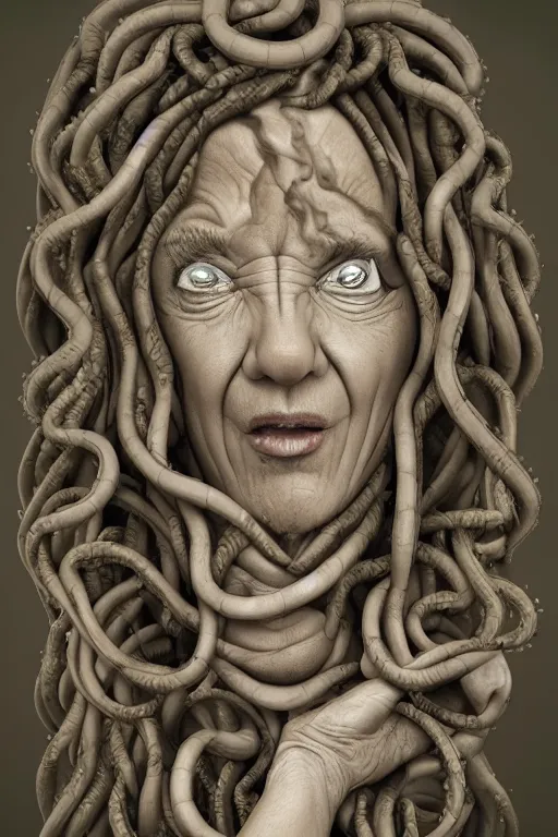 Image similar to portrait of Medusa from Greek mythology, as an old mean woman, with snakes for hair, 3d render, digital art, photo-realistic