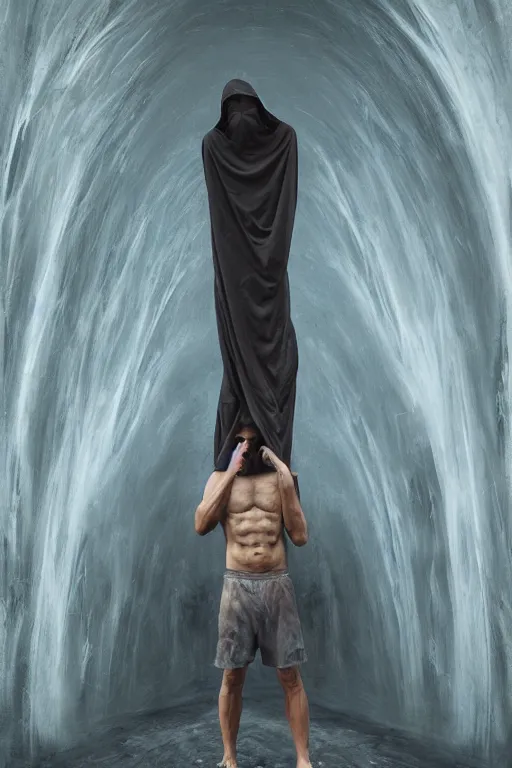 Image similar to dark hooded wraith, standing in front of hyper dimension portal into another realm, epic surrealism 8k oil painting, perspective, high definition, post modernist layering, by Sean Yoro, Peter Kemp