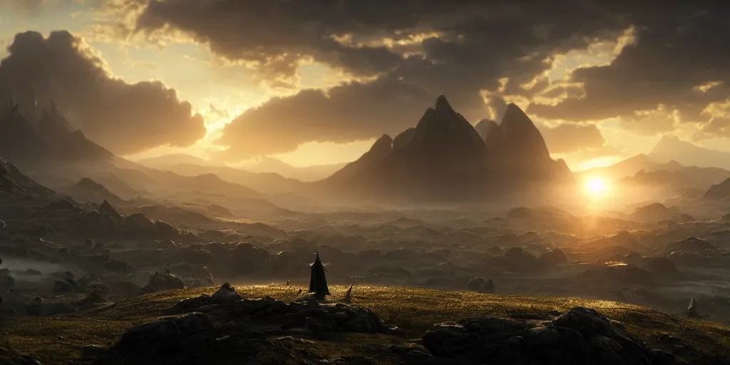 Image similar to a angel in the lord of the rings scenery landscape, looking at the sauron army in the distance, mysterious ， stream, sunrise, wallpaper ， god's rays highly detailed, vivid color, cinematic lighting, perfect composition, 8 k, gustave dore, derek zabrocki, greg rutkowski, belsinski, octane render