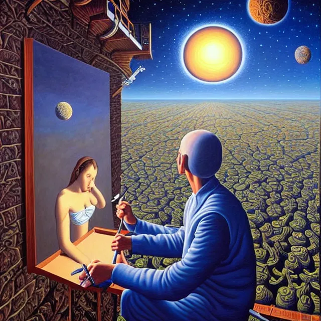 Image similar to an oil on canvas portrait of a man painting a portrait of a beautiful woman, surrealism, surrealist, cosmic horror, rob gonsalves, high detail