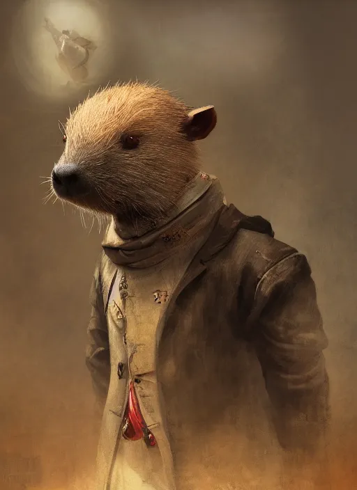 Image similar to detailed full body concept art illustration, dark soft focus, plague style oil painting on canvas of an anthropomorphic capybara doctor in full intricate clothing, biomutant, dystopian, micro detail, octane render, 4K