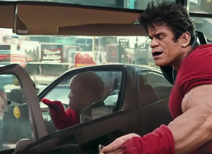 Prompt: film still of hulk working at mcdonalds drive through in the new avengers movie, 4 k