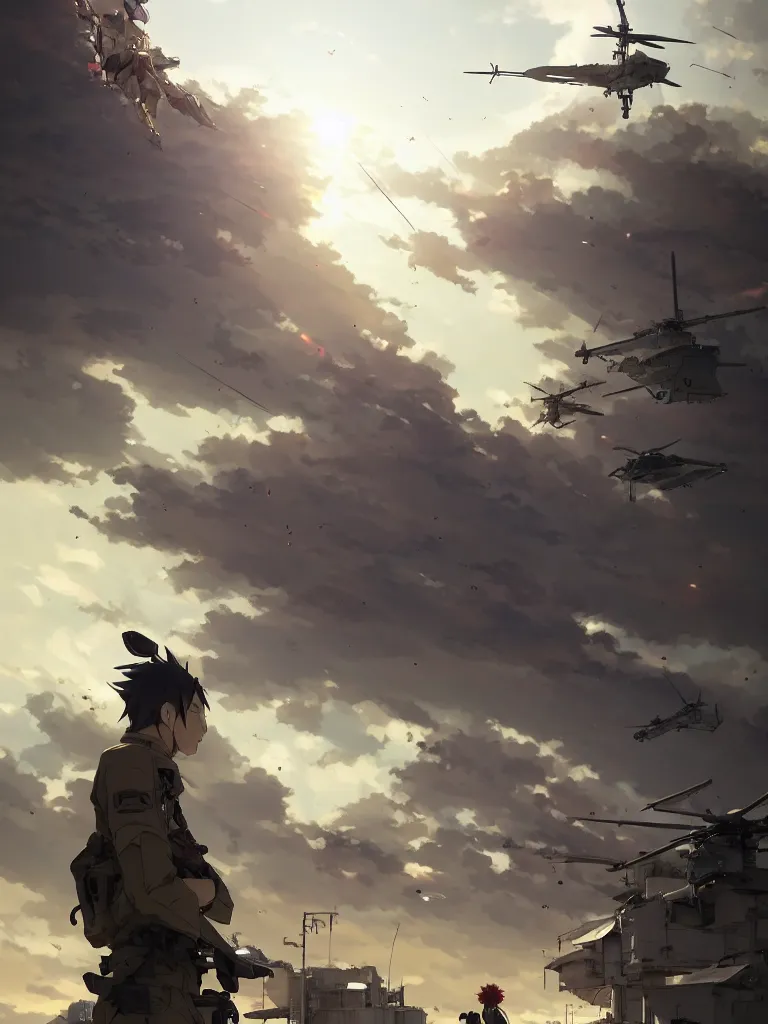 Prompt: Epic scene of a beautiful anime soldier standing in front of a cyborg repair shop, while a futuristic military helicopter flies overhead, by Greg Rutkowski and Krenz Cushart and Pan_Ren_Wei and Hongkun_st and Bo Chen and Enze Fu and WLOP and Alex Chow, Madhouse Inc., anime style, crepuscular rays, set in rainy futuristic cyberpunk Tokyo street, dapped light, dark fantasy, cgsociety, trending on artstation