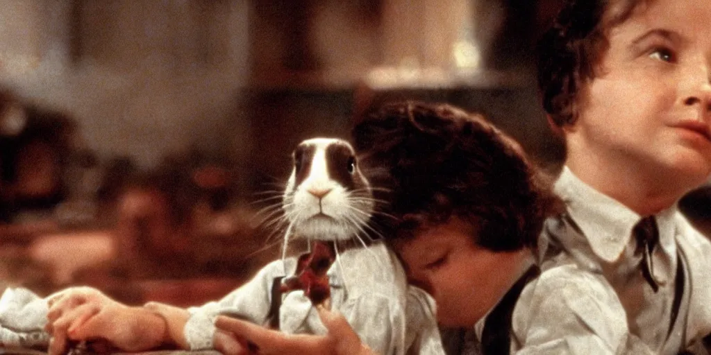 Prompt: a rabbit in the movie cinema paradiso, screenshot