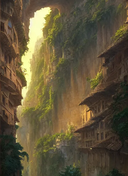 Image similar to medieval city built on terraces in a gigantic canyon, lots of buildings connected by hanging bridges, waterfalls, warm glow coming the ground, lush vegetation, pitchblack sky, extremly detailed digital painting, in the style andreas rocha and greg rutkowski and peter mohrbacher, rim light, beautiful lighting, 8 k, stunning scene, octane, trending on artstation