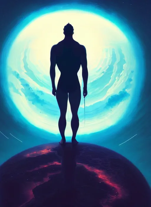 Image similar to symmetry!! landscape of a silhouette man standing on neptune, looking out into the vastness of space, digital art, art by artgerm greg rutkowski and andreas rocha, cinematic lighting, highly detailed, warm colours, 8 k