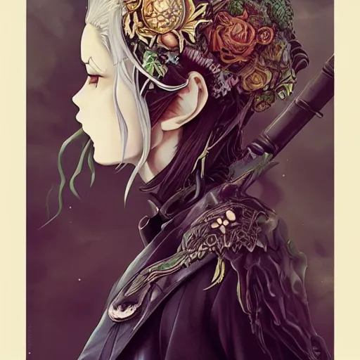 Image similar to anime manga skull profile young woman skeleton, elf, galadriel, hair, Tolkien, unreal engine, intricate, elegant, highly detailed, digital art, art by JC Leyendecker and sachin teng