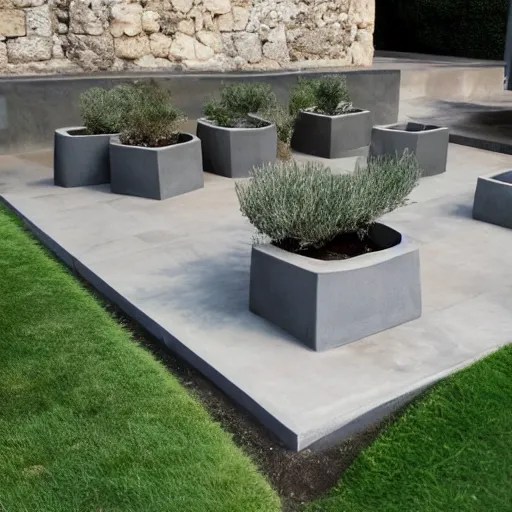 Prompt: large concrete pots with seatings, olive trees, wpc decking on the floor