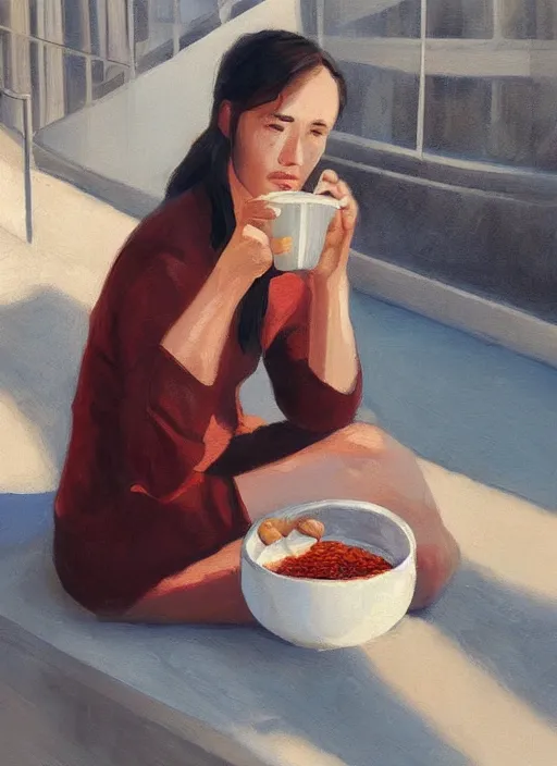 Prompt: woman sitting on the terrace in the morning sun eating porridge, photorealistic, artstation