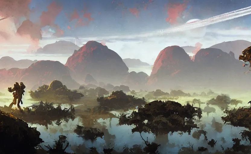 Prompt: 5 0 s pulp scifi illustration, space explorers in beautiful landscape, plain stretching into distance, pond, baobab trees, distant mountains, painted by bergey, craig mullins, john berkey, ruan jia, raymond swanland, jeremy mann, beksinski, jack kirby, tom lovell, alex malveda, schomburg