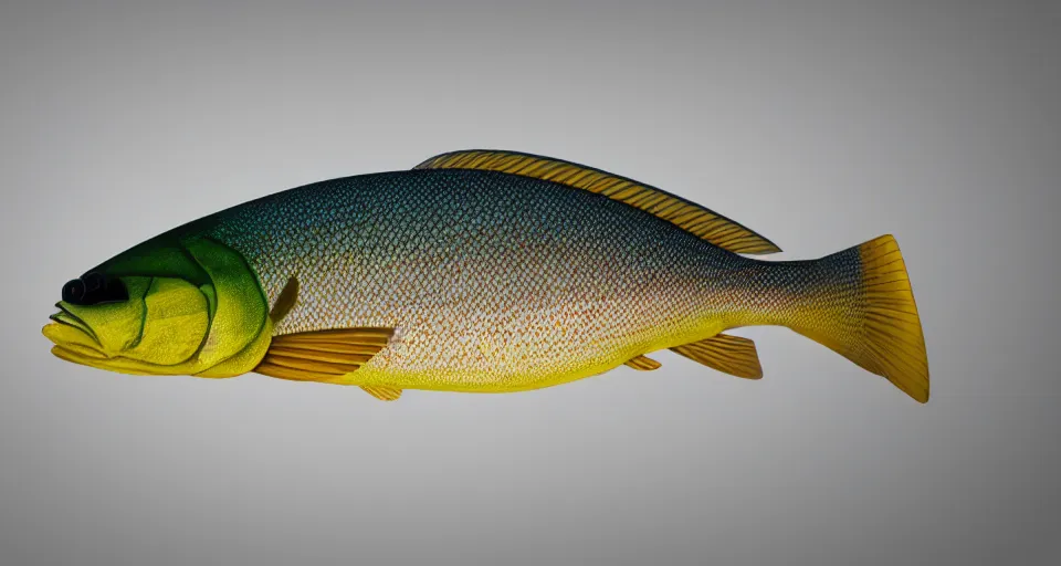 Prompt: a beautiful painting of a redfin perch, octane render, intricate, ultra wide angle, trending on artstation, black light, volumetric lighting, ray lighting from top of frame, crepuscular ray lighting from above, dynamic lighting, muted colors, polished, micro details, ray tracing, 8 k