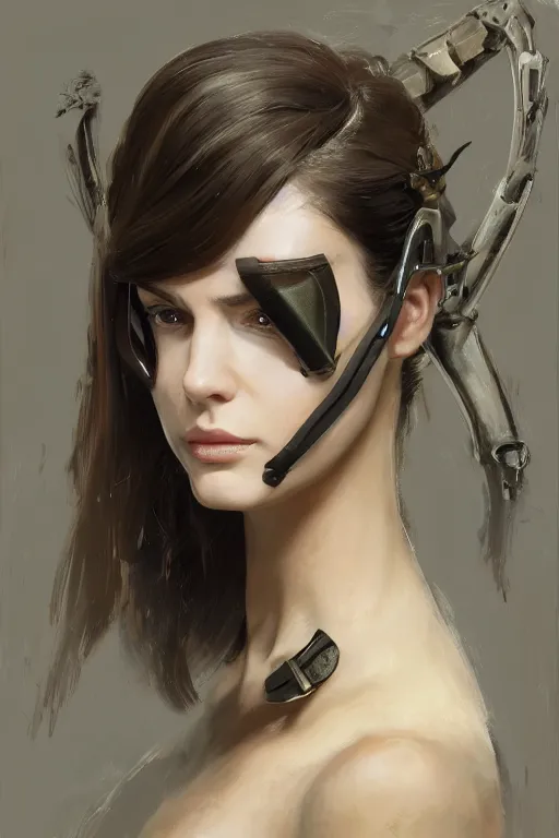 Image similar to a professionally painted portrait of an attractive young woman, clothed in military armor, olive skin, long dark hair, beautiful bone structure, symmetrical facial features, intricate, elegant, digital painting, trending on Artstation, concept art, smooth, sharp focus, illustration, from Metal Gear by Ruan Jia and Mandy Jurgens and Artgerm and William-Adolphe Bouguerea, award winning