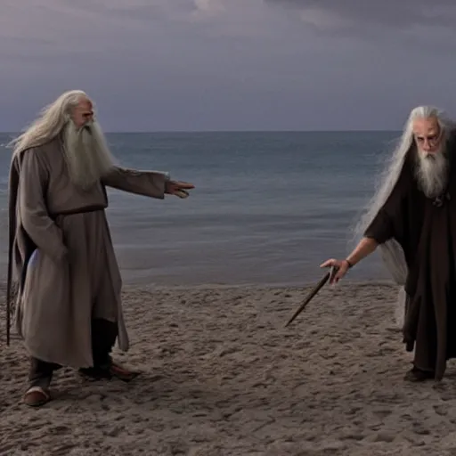 Prompt: Gandalf and Saruman frolicking on a beach, cinematic color