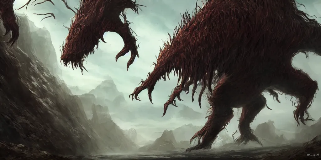 Prompt: Gigantic quadruped monster with hair like fingers, high quality fantasy horror art, 4k