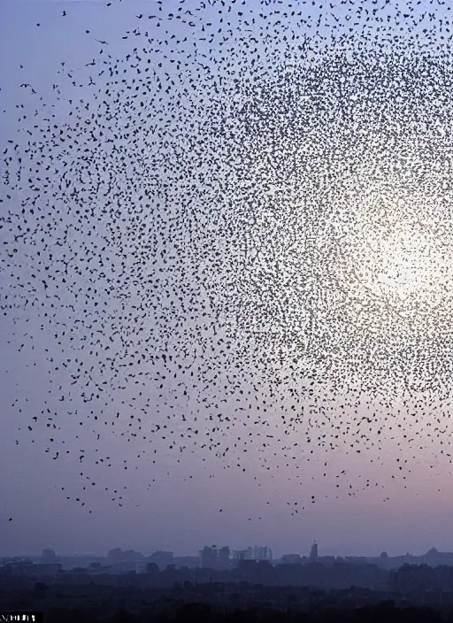 Image similar to a giant in the distance, a murmuration in the sky as a solar eclipse happens