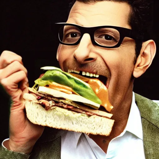 Image similar to a fat sandwich eating Jeff Goldblum