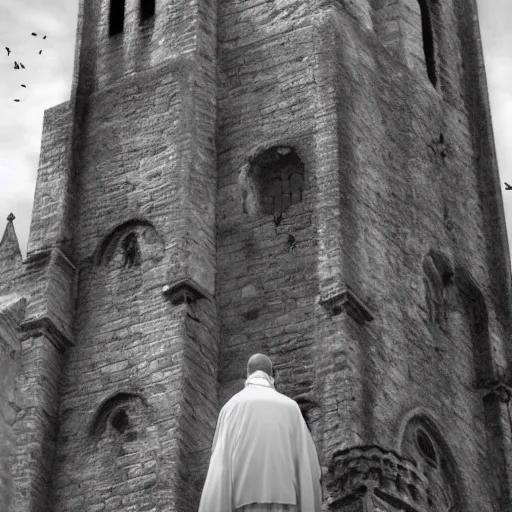 Image similar to A terrified catholic priest in his twenties fervently praying at the top of a medieval tower. He is looking horrified as a yellow shadow descends upon him from the night sky. Dramatic lighting. Award-winning digital art, trending on ArtStation