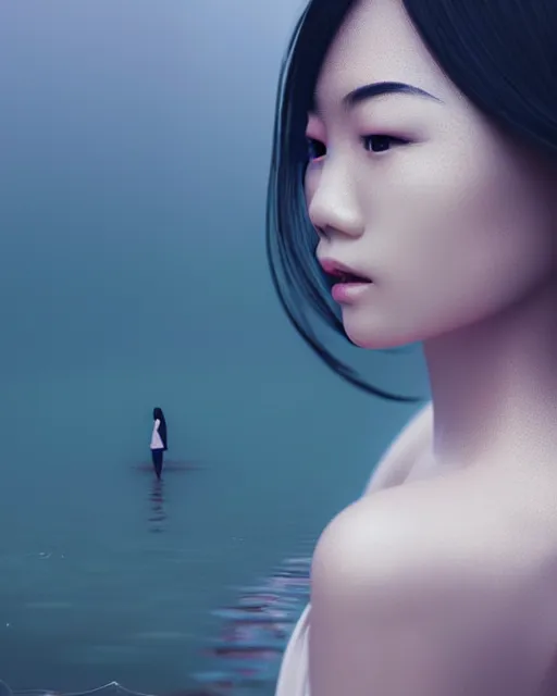 Prompt: medium closeup shot, flash long exposure photography of asian woman fashion posing in the lake, digital illustration by ruan jia, sharp focus, high details