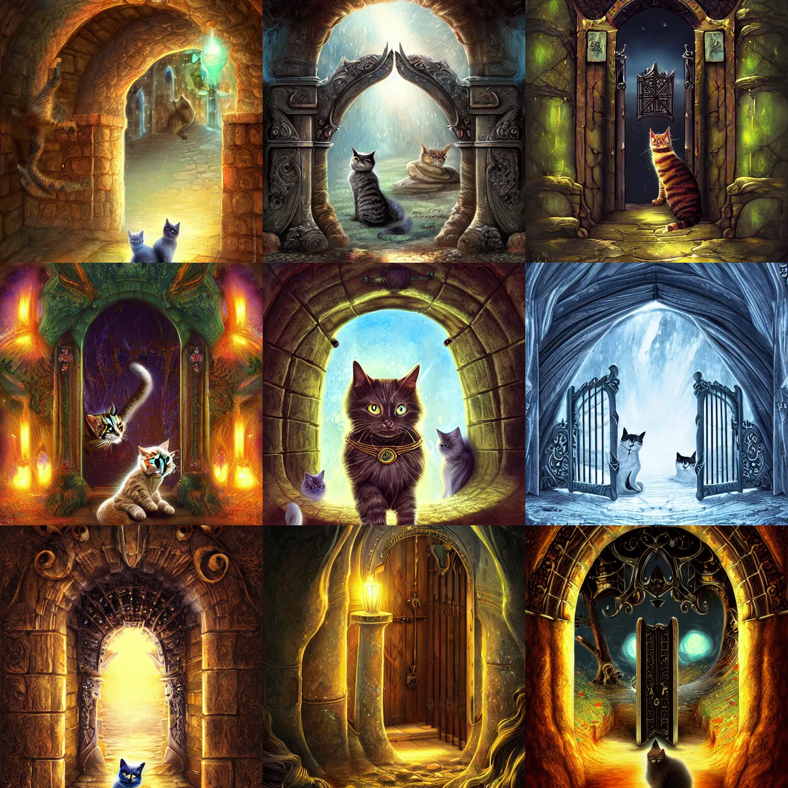 Prompt: The gate to the eternal kingdom of cats, fantasy, digital art, HD, detailed.