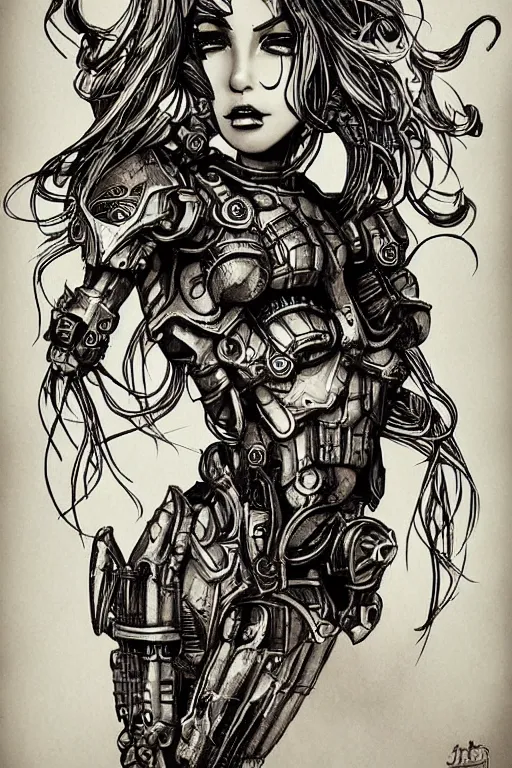 Image similar to full body illustration, mechanized latina female, cruel mermaid, highly detailed, sumi - e art, suiboku - ga ink, by kim jisu, pen and ink monochrome, mecha, deviantart, artstation, pinterest