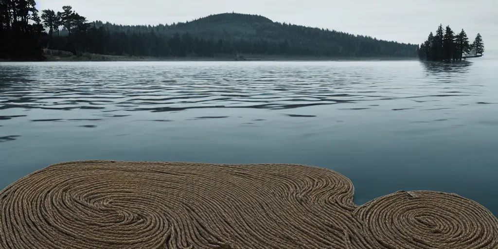 Prompt: centered photograph of a single line of thick long rope zig zagging snaking across the surface of the water into the distance, floating submerged rope stretching out towards the center of the lake, a dark lake on a cloudy day, color film, trees in the background, pebble beach foreground, hyper - detailed photo, anamorphic lens