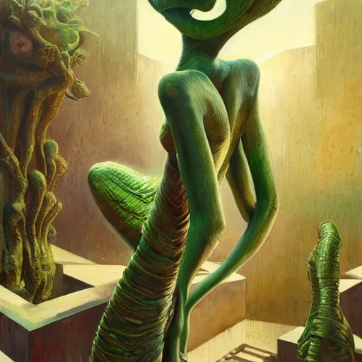 Prompt: detailed face of a woman with green eyes in a biomorphic courtyard with dna sculptures at a science expo, atmospheric, ambient, pj crook, syd mead, livia prima, artgerm, greg rutkowski, nick alm, casey baugh