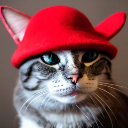 Prompt: Photo of a cat wearing a hat in the shape of a red mushroom