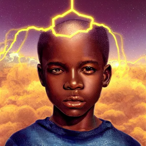 Prompt: upper half portrait of an african boy inside a group of clouds, mecha robots behind him - surrounded by bolts of lightning with rays of light emanating from clouds - in drew struzan movie poster style, art by drew struzan, highly detailed, digital painting, ray tracing, illustration, smooth, sharp focus, intricate, symmetry, artstation,