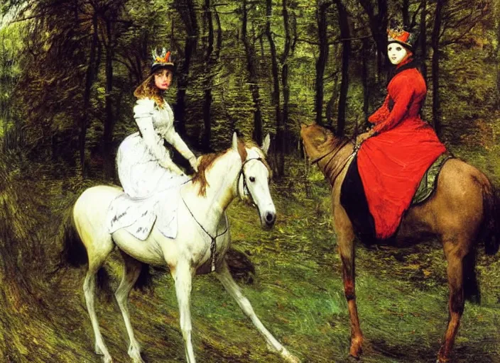 Prompt: a princess with a tall cone hat riding a robotic horse in a forest, oil painting by john everett millais