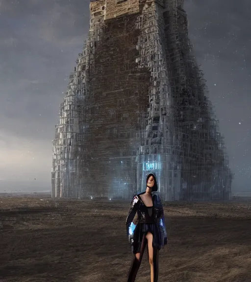 Image similar to tarkovsky greatest scene, the ancient destroyed majestic tower of babylon, a woman in futuristic cyber clothing, transparent puffer jacket, hyper realistic, blockchain, virtual world, ambient lighting, concept art, intricate, hyper - detailed, smooth, dynamic volumetric lighting, corona render, ray trace, cinematic, high quality, high resolution, 4 k, cgsociety