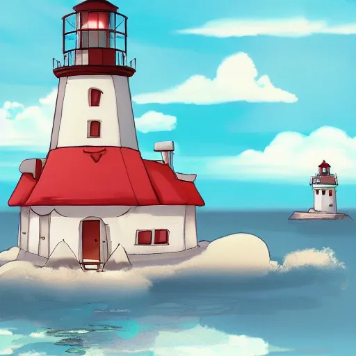 Image similar to beautiful cute cozy little lighthouse by the sea, puffy clouds, style of hayao miyazaki, digital art trending on artstation